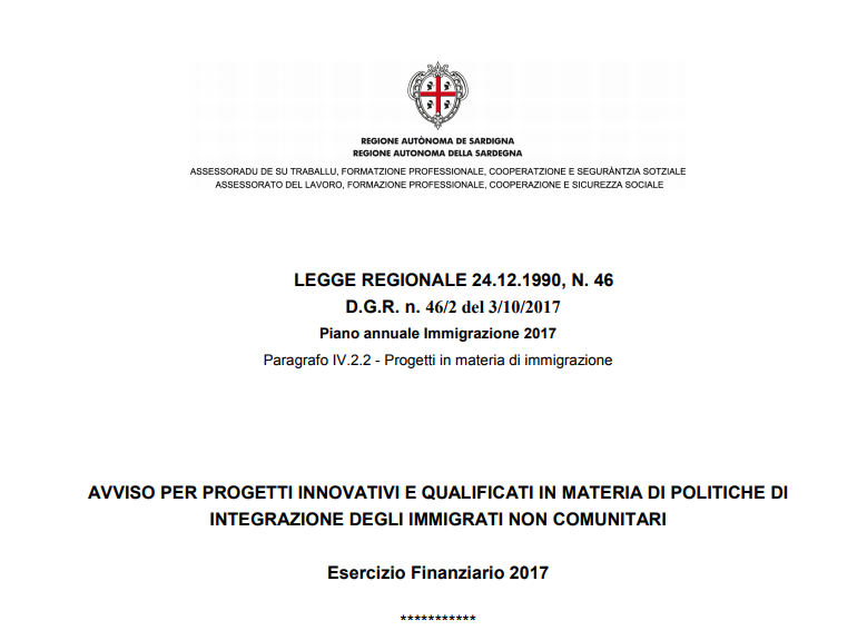 AVVISO PER PROGETTI INNOVATIVI E QUALIFICATI IN MATERIA DI POLITICHE DI INTEGRAZIONE DEGLI IMMIGRATI NON COMUNITARI